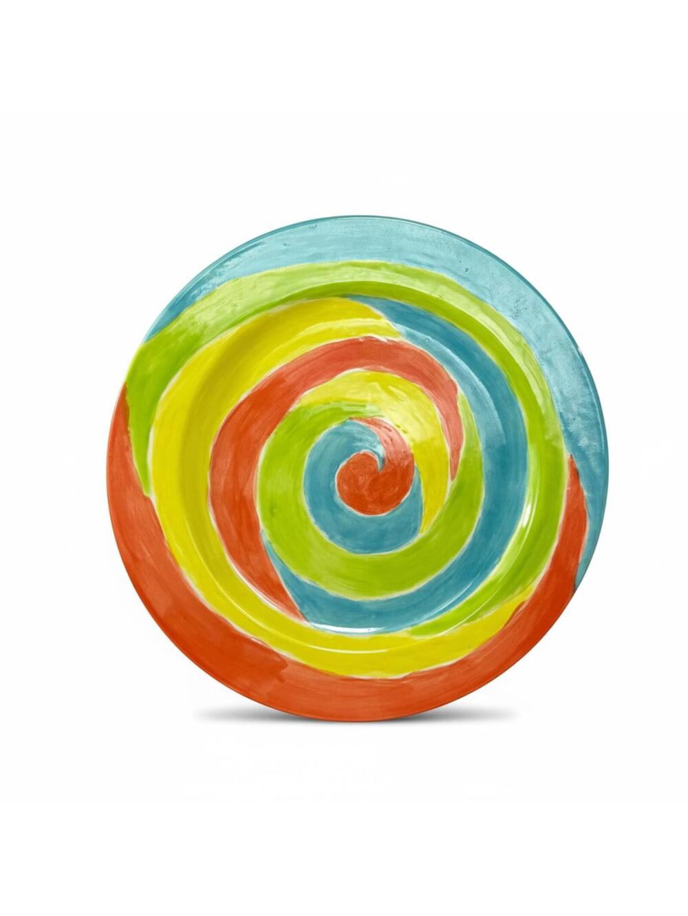 Handmade Pottery Plate 11” Signed Brenda Colorful Swirl Art Studio Ceramic Dish